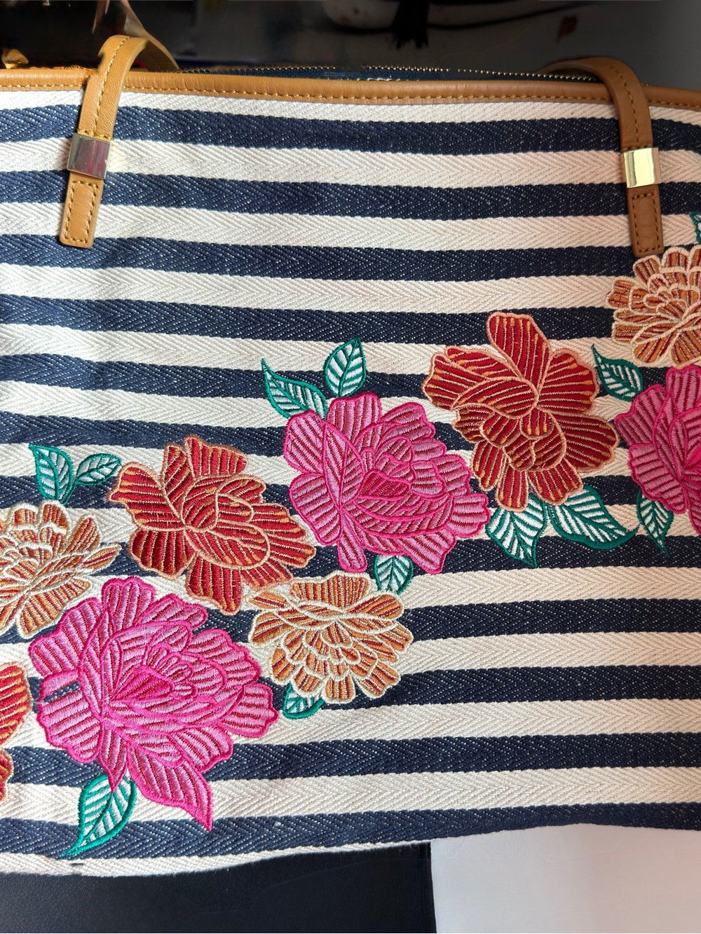 Chico's Navy & White Striped Shoulder Bag with Pink & Coral Floral Embroidery